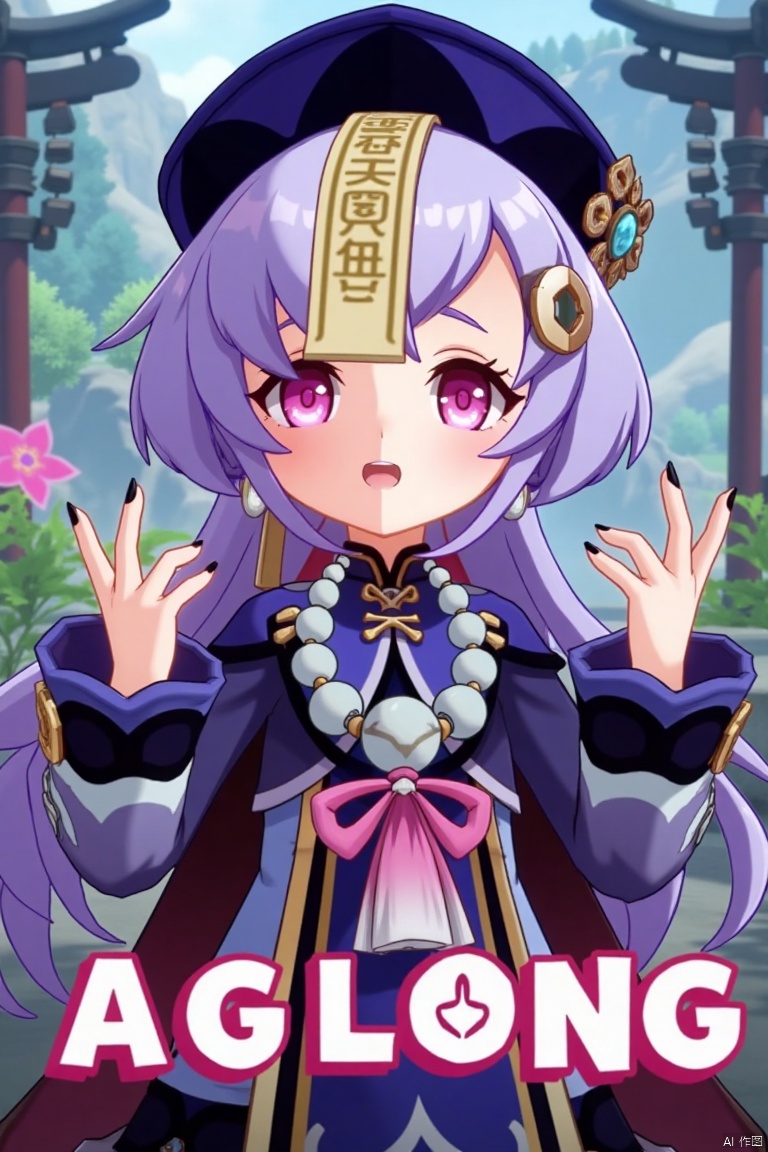 A movie poster featuring Qiqi from Genshin Impact, 1 girl solo, standing with a claw pose. She has long purple hair with bangs, sidelocks, and a braid, hair between her eyes, and a qing guanmao hat with a coin hair ornament. Qiqi is wearing Chinese-style clothes, a dress with wide sleeves, long sleeves, and jewelry including earrings, a bead necklace, and a necklace. She has purple eyes, blush, an open mouth with an :o expression, and black nail polish. The background includes ofuda, beads, and her vision symbol. The poster features three-dimensional text AGlong in the middle below, with a poster theme. The composition highlights her claw pose, jiangshi elements, and intricate details of her attire and accessories.