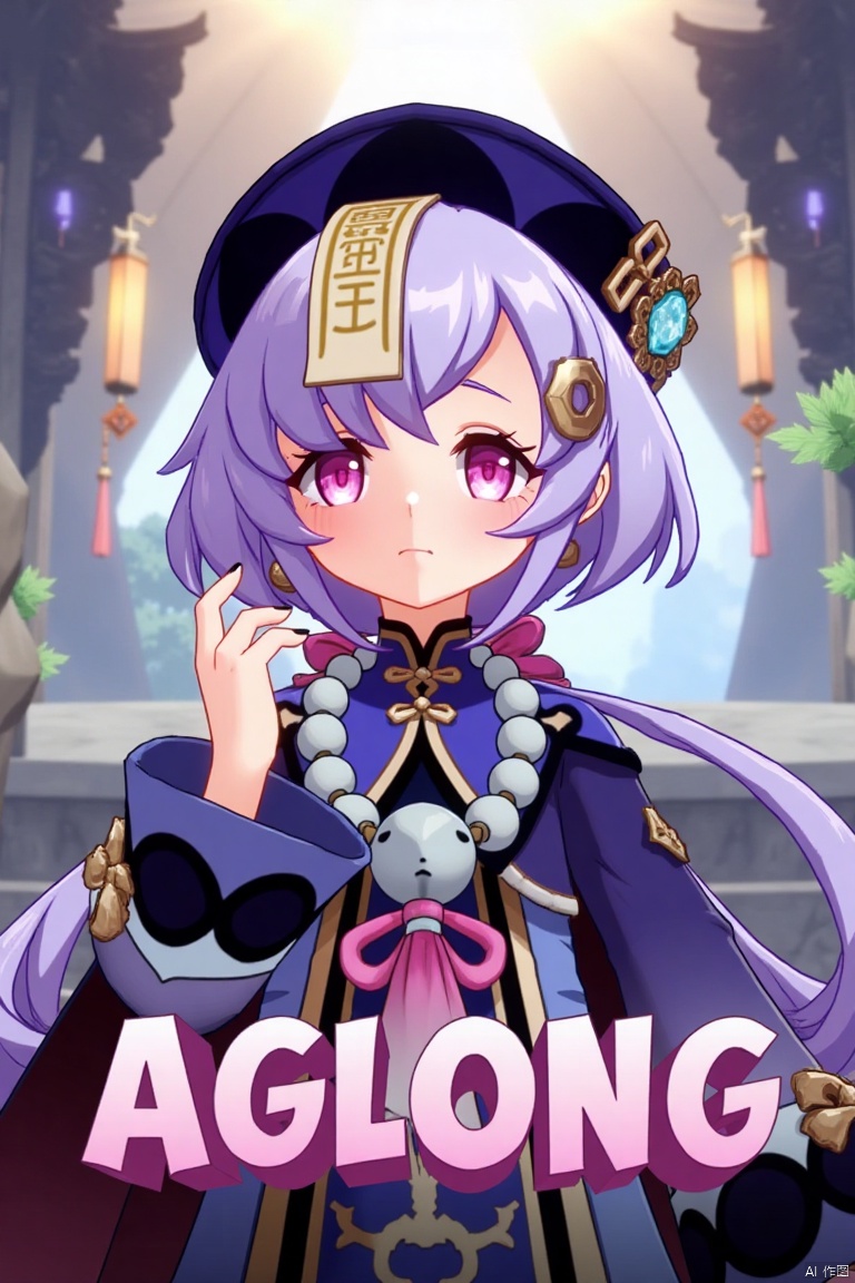 A movie poster featuring Qiqi from Genshin Impact, 1 girl solo, standing with a claw pose. She has long purple hair with bangs, sidelocks, and a braid, hair between her eyes, and a qing guanmao hat with a coin hair ornament. Qiqi is wearing Chinese-style clothes, a dress with wide sleeves, long sleeves, and jewelry including earrings, a bead necklace, and a necklace. She has purple eyes, blush, an open mouth with an :o expression, and black nail polish. The background includes ofuda, beads, and her vision symbol. The poster features three-dimensional text AGlong in the middle below, with a poster theme. The composition highlights her claw pose, jiangshi elements, and intricate details of her attire and accessories.