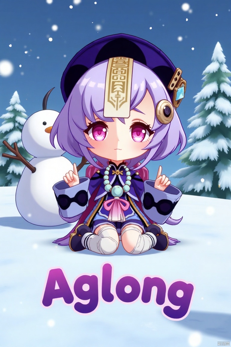 A chibi-style movie poster featuring Qiqi from Genshin Impact, 1 girl solo, full body, sitting on a snowy ground with a snowman beside her. She has long purple hair with bangs, a coin hair ornament, and a qing guanmao hat. Qiqi is wearing a purple jacket with wide sleeves, a cropped jacket, thighhighs, shorts, and a bead necklace. She has bandages on her leg, purple eyes, and is looking at the viewer with parted lips and blush. The scene is illuminated by falling snowflakes, with a three-dimensional text AGlong in the middle below, surrounded by a poster theme. The composition highlights her jewelry, ofuda, beads, and white thighhighs, set against a snowy backdrop.