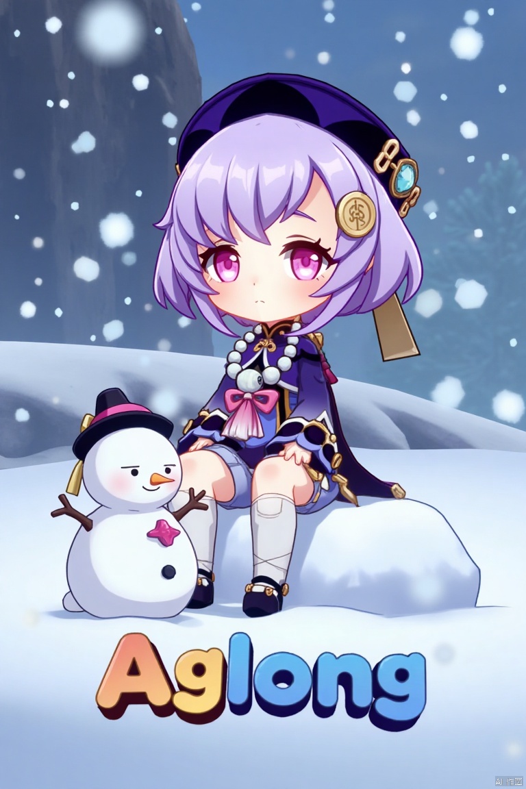 A chibi-style movie poster featuring Qiqi from Genshin Impact, 1 girl solo, full body, sitting on a snowy ground with a snowman beside her. She has long purple hair with bangs, a coin hair ornament, and a qing guanmao hat. Qiqi is wearing a purple jacket with wide sleeves, a cropped jacket, thighhighs, shorts, and a bead necklace. She has bandages on her leg, purple eyes, and is looking at the viewer with parted lips and blush. The scene is illuminated by falling snowflakes, with a three-dimensional text AGlong in the middle below, surrounded by a poster theme. The composition highlights her jewelry, ofuda, beads, and white thighhighs, set against a snowy backdrop.