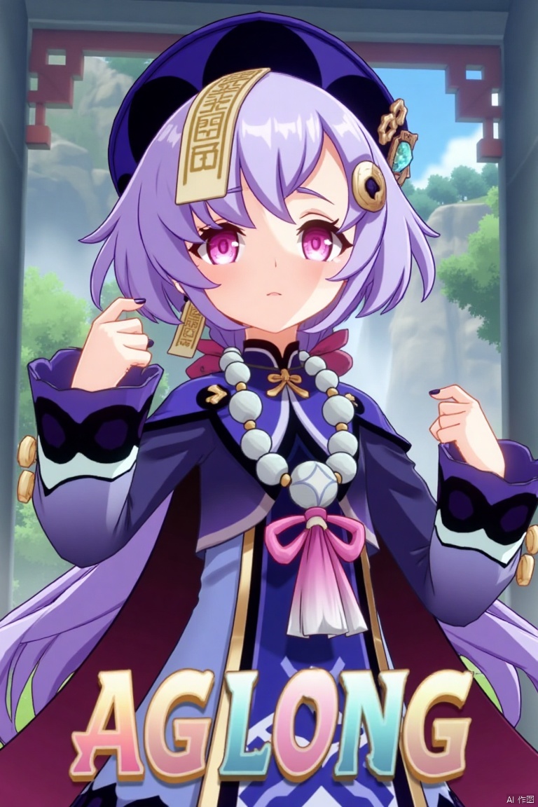 A movie poster featuring Qiqi from Genshin Impact, 1 girl solo, standing with a claw pose. She has long purple hair with bangs, sidelocks, and a braid, hair between her eyes, and a qing guanmao hat with a coin hair ornament. Qiqi is wearing Chinese-style clothes, a dress with wide sleeves, long sleeves, and jewelry including earrings, a bead necklace, and a necklace. She has purple eyes, blush, an open mouth with an :o expression, and black nail polish. The background includes ofuda, beads, and her vision symbol. The poster features three-dimensional text AGlong in the middle below, with a poster theme. The composition highlights her claw pose, jiangshi elements, and intricate details of her attire and accessories.
