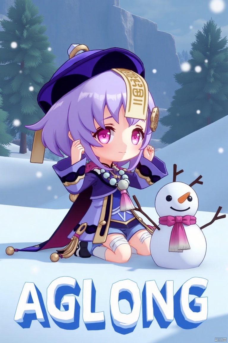 A chibi-style movie poster featuring Qiqi from Genshin Impact, 1 girl solo, full body, sitting on a snowy ground with a snowman beside her. She has long purple hair with bangs, a coin hair ornament, and a qing guanmao hat. Qiqi is wearing a purple jacket with wide sleeves, a cropped jacket, thighhighs, shorts, and a bead necklace. She has bandages on her leg, purple eyes, and is looking at the viewer with parted lips and blush. The scene is illuminated by falling snowflakes, with a three-dimensional text AGlong in the middle below, surrounded by a poster theme. The composition highlights her jewelry, ofuda, beads, and white thighhighs, set against a snowy backdrop.