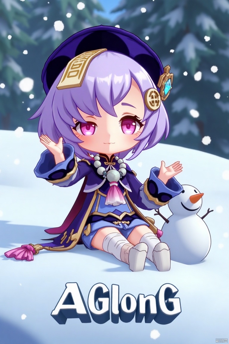 A chibi-style movie poster featuring Qiqi from Genshin Impact, 1 girl solo, full body, sitting on a snowy ground with a snowman beside her. She has long purple hair with bangs, a coin hair ornament, and a qing guanmao hat. Qiqi is wearing a purple jacket with wide sleeves, a cropped jacket, thighhighs, shorts, and a bead necklace. She has bandages on her leg, purple eyes, and is looking at the viewer with parted lips and blush. The scene is illuminated by falling snowflakes, with a three-dimensional text AGlong in the middle below, surrounded by a poster theme. The composition highlights her jewelry, ofuda, beads, and white thighhighs, set against a snowy backdrop.