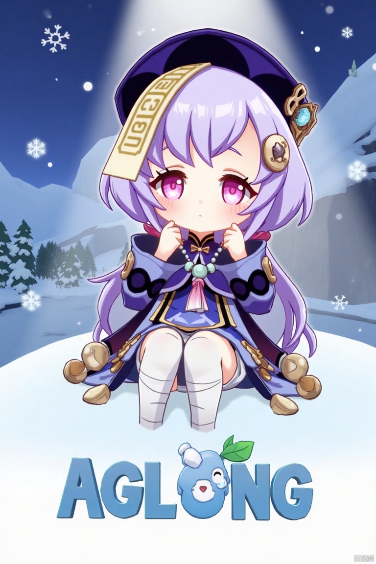 1girl, solo, full body, chibi, sitting, long purple hair with bangs, purple eyes, looking at viewer, blush, parted lips, :o expression, hair ornament with coin, qing guanmao hat, purple headwear, long sleeves with wide sleeves, cropped purple jacket, dress, shorts, white thighhighs, bandaged leg, necklace with beads, ofuda, jiangshi-inspired, jewelry, thighhighs, snow background with snowflakes, snowman, bandages, three-dimensional text AGlong in the middle below, movie poster style, dramatic lighting, centered composition, qiqi (Genshin Impact) theme.