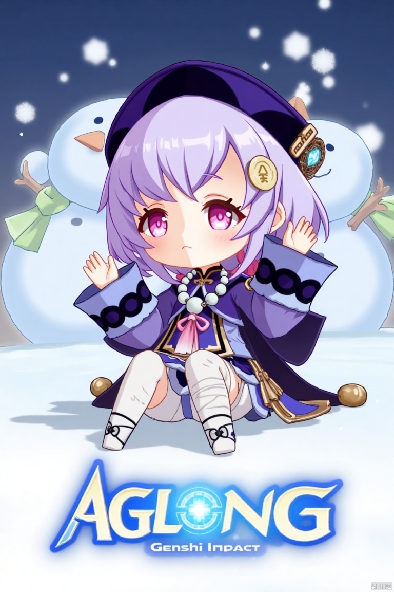 1girl, solo, full body, chibi, sitting, long purple hair with bangs, purple eyes, looking at viewer, blush, parted lips, :o expression, hair ornament with coin, qing guanmao hat, purple headwear, long sleeves with wide sleeves, cropped purple jacket, dress, shorts, white thighhighs, bandaged leg, necklace with beads, ofuda, jiangshi-inspired, jewelry, thighhighs, snow background with snowflakes, snowman, bandages, three-dimensional text AGlong in the middle below, movie poster style, dramatic lighting, centered composition, qiqi (Genshin Impact) theme.
