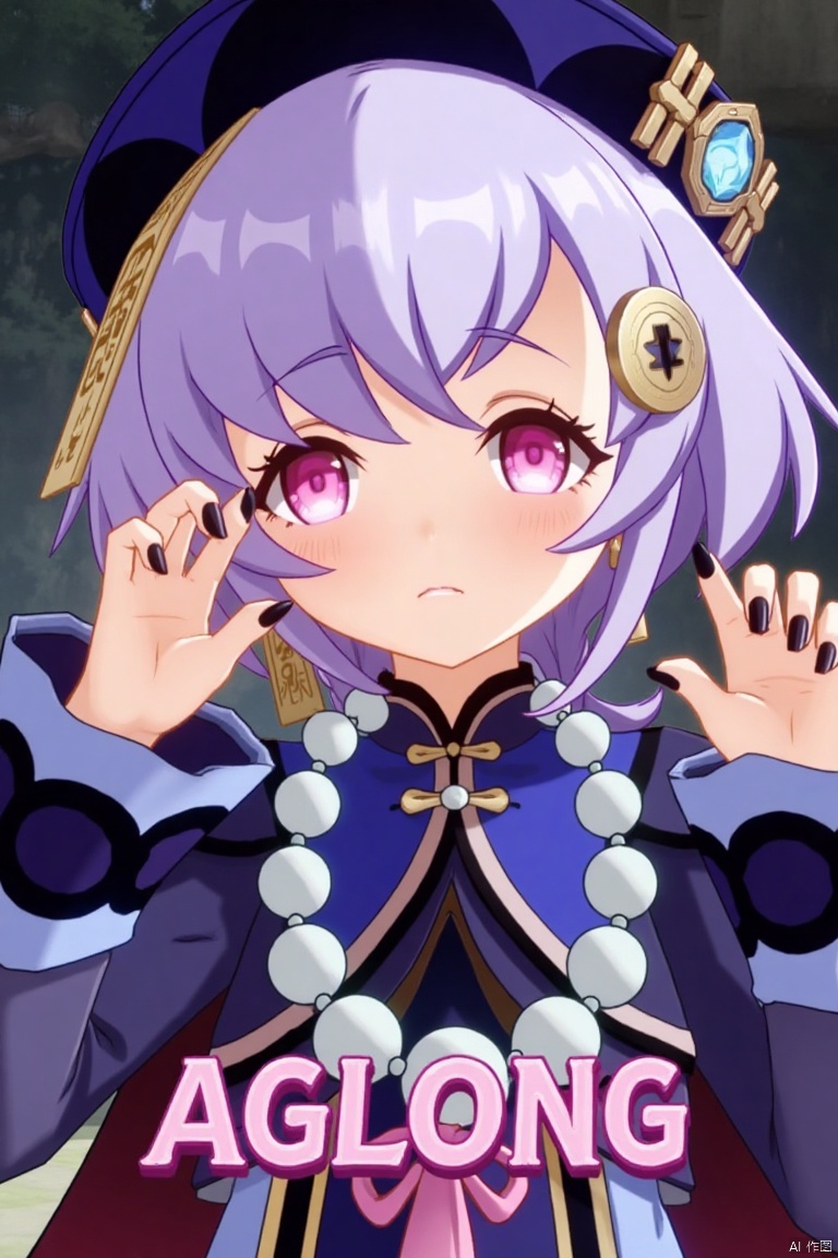 1girl, solo, looking at viewer, blush, open mouth, :o expression, purple hair with bangs, hair between eyes, braid, sidelocks, purple eyes, hair ornament with coin, qing guanmao hat, long sleeves with wide sleeves, dress, jewelry, earrings, necklace with beads, nail polish, black nails, Chinese clothes, claw pose, ofuda, jiangshi-inspired, vision (Genshin Impact), bead necklace, dramatic lighting, centered composition, three-dimensional text AGlong in the middle below, movie poster style, qiqi (Genshin Impact) theme.