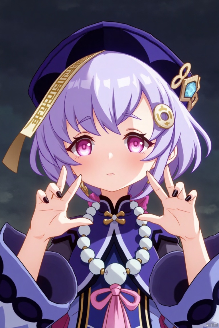 1girl, solo, looking at viewer, blush, open mouth, :o expression, purple hair with bangs, hair between eyes, braid, sidelocks, purple eyes, hair ornament with coin, qing guanmao hat, long sleeves with wide sleeves, dress, jewelry, earrings, necklace with beads, nail polish, black nails, Chinese clothes, claw pose, ofuda, jiangshi-inspired, vision (Genshin Impact), bead necklace, dramatic lighting, centered composition, three-dimensional text AGlong in the middle below, movie poster style, qiqi (Genshin Impact) theme.