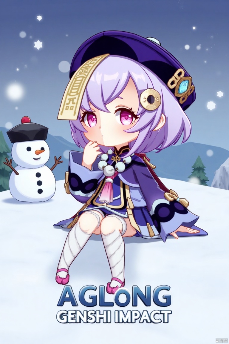 1girl, solo, full body, chibi, sitting, long purple hair with bangs, purple eyes, looking at viewer, blush, parted lips, :o expression, hair ornament with coin, qing guanmao hat, purple headwear, long sleeves with wide sleeves, cropped purple jacket, dress, shorts, white thighhighs, bandaged leg, necklace with beads, ofuda, jiangshi-inspired, jewelry, thighhighs, snow background with snowflakes, snowman, bandages, three-dimensional text AGlong in the middle below, movie poster style, dramatic lighting, centered composition, qiqi (Genshin Impact) theme.