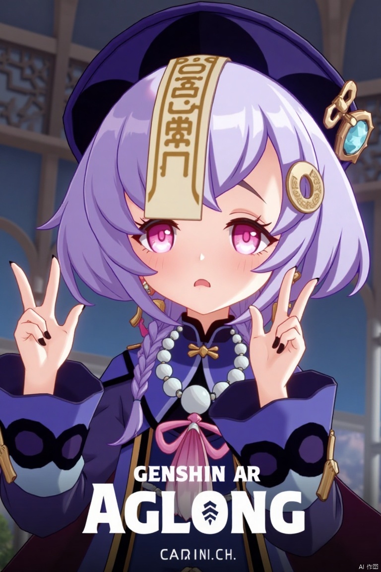 1girl, solo, looking at viewer, blush, open mouth, :o expression, purple hair with bangs, hair between eyes, braid, sidelocks, purple eyes, hair ornament with coin, qing guanmao hat, long sleeves with wide sleeves, dress, jewelry, earrings, necklace with beads, nail polish, black nails, Chinese clothes, claw pose, ofuda, jiangshi-inspired, vision (Genshin Impact), bead necklace, dramatic lighting, centered composition, three-dimensional text AGlong in the middle below, movie poster style, qiqi (Genshin Impact) theme.