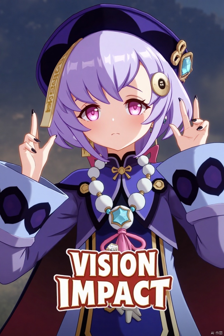 1girl, solo, looking at viewer, blush, open mouth, :o expression, purple hair with bangs, hair between eyes, braid, sidelocks, purple eyes, hair ornament with coin, qing guanmao hat, long sleeves with wide sleeves, dress, jewelry, earrings, necklace with beads, nail polish, black nails, Chinese clothes, claw pose, ofuda, jiangshi-inspired, vision (Genshin Impact), bead necklace, dramatic lighting, centered composition, three-dimensional text AGlong in the middle below, movie poster style, qiqi (Genshin Impact) theme.
