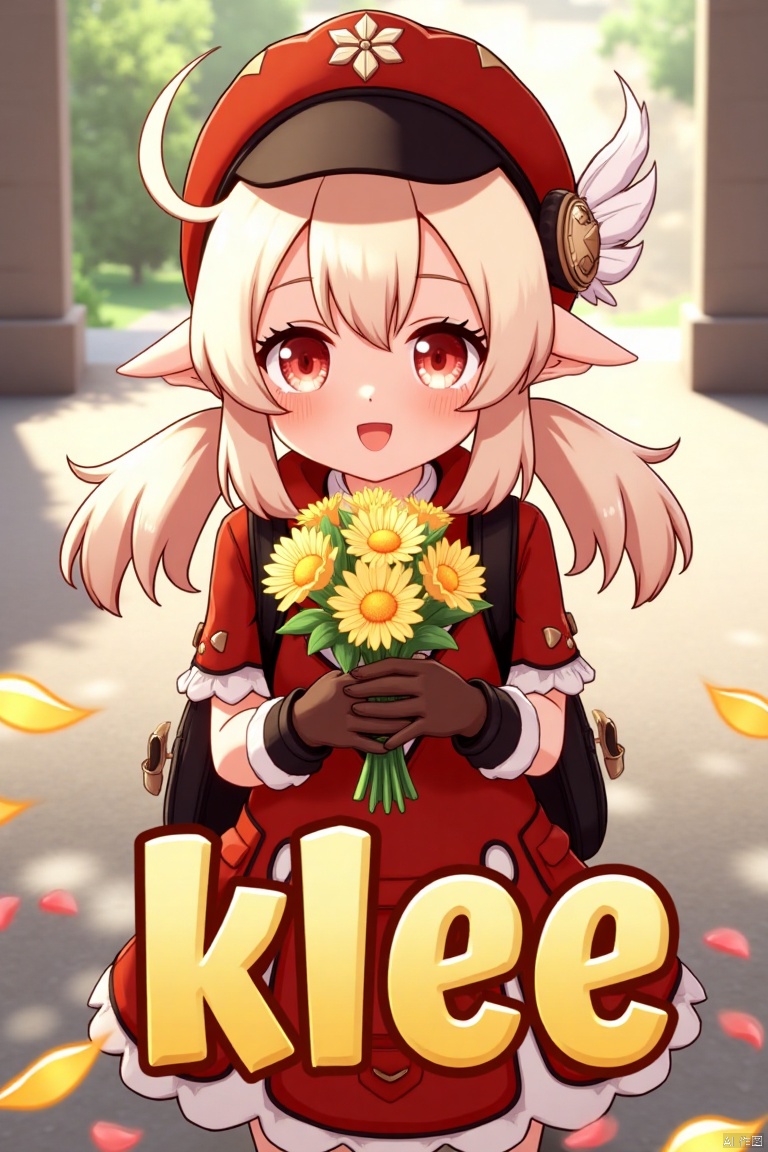 A cinematic movie poster featuring Klee from Genshin Impact, 1 girl solo, long blonde hair with bangs and hair between her eyes, twintails, and an ahoge. She has red eyes, pointy ears, and is wearing a red dress, brown long-sleeve gloves, and a cabbie hat with a feather. Klee is smiling with an open mouth, looking at the viewer, holding a bouquet of yellow flowers and petals scattered around. She has a backpack and a red headwear with feathers. The background is vibrant with a three-dimensional text AGlong in the middle below, fitting the poster theme. The framing is dynamic, with soft lighting enhancing the composition.