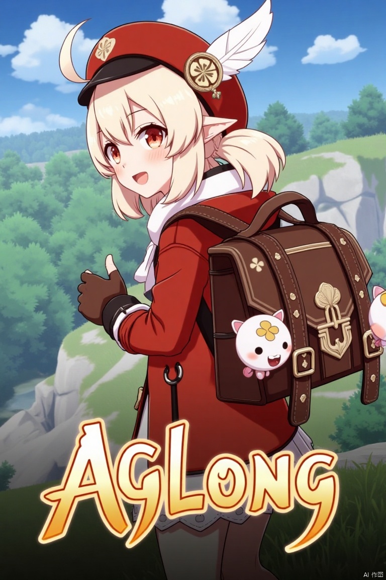 Klee from Genshin Impact, 1girl, solo, long light brown hair with low twintails, bangs, ahoge, and sidelocks, red headwear with a hat ornament and feather, red eyes, smiling with an open mouth, looking back at the viewer, wearing a red coat, brown gloves, scarf, and a backpack with a bag charm, holding Jumpy Dumpty and Dodoco, pointy ears, clover print details, standing in a dynamic pose, cinematic lighting, three-dimensional text 'AGlong' centered below, movie poster theme, vibrant colors, detailed composition, fantasy adventure atmosphere.