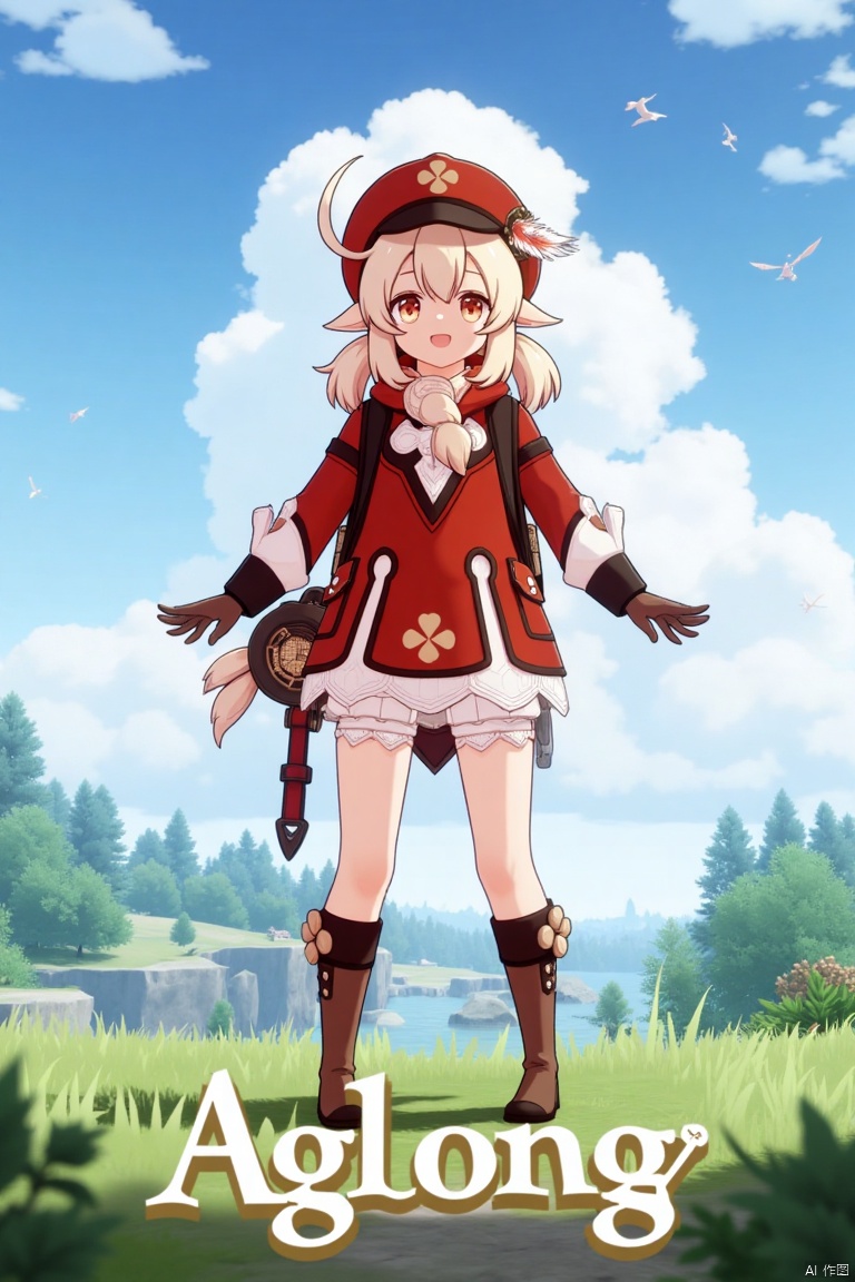 Klee from Genshin Impact, 1girl, solo, long blonde hair with low twintails, bangs, ahoge, and hair between eyes, red headwear with a hat ornament and feather, smiling with an open mouth, looking at the viewer, wearing a red dress, red coat, brown gloves, scarf, kneehighs, bloomers, and knee boots, standing outdoors with outstretched arms, holding Dodoco, pointy ears, clover print details, backpack with randoseru, cloudy sky with birds and clouds, cinematic lighting, full-body shot, vibrant colors, three-dimensional text 'AGlong' centered below, movie poster theme, fantasy adventure atmosphere.