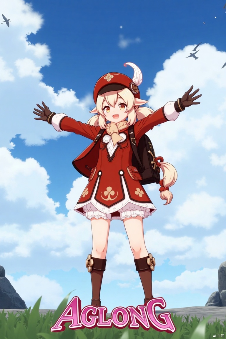 Klee from Genshin Impact, 1girl, solo, long blonde hair with low twintails, bangs, ahoge, and hair between eyes, red headwear with a hat ornament and feather, smiling with an open mouth, looking at the viewer, wearing a red dress, red coat, brown gloves, scarf, kneehighs, bloomers, and knee boots, standing outdoors with outstretched arms, holding Dodoco, pointy ears, clover print details, backpack with randoseru, cloudy sky with birds and clouds, cinematic lighting, full-body shot, vibrant colors, three-dimensional text 'AGlong' centered below, movie poster theme, fantasy adventure atmosphere.