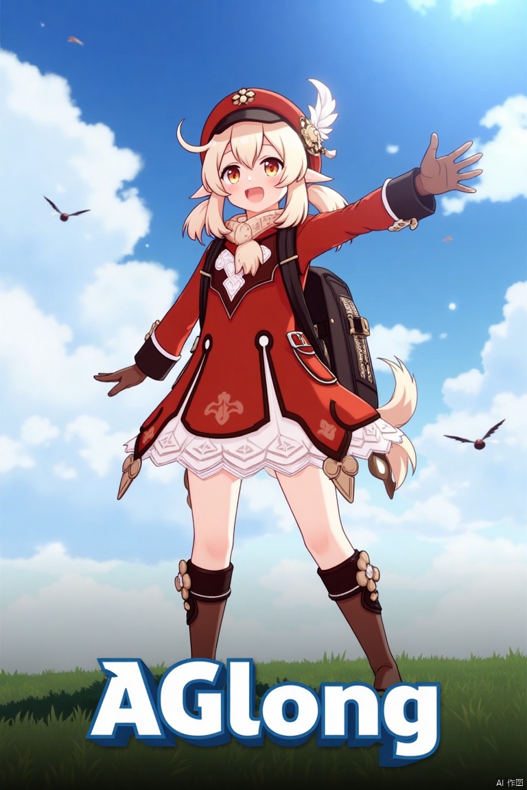 Klee from Genshin Impact, 1girl, solo, long blonde hair with low twintails, bangs, ahoge, and hair between eyes, red headwear with a hat ornament and feather, smiling with an open mouth, looking at the viewer, wearing a red dress, red coat, brown gloves, scarf, kneehighs, bloomers, and knee boots, standing outdoors with outstretched arms, holding Dodoco, pointy ears, clover print details, backpack with randoseru, cloudy sky with birds and clouds, cinematic lighting, full-body shot, vibrant colors, three-dimensional text 'AGlong' centered below, movie poster theme, fantasy adventure atmosphere.