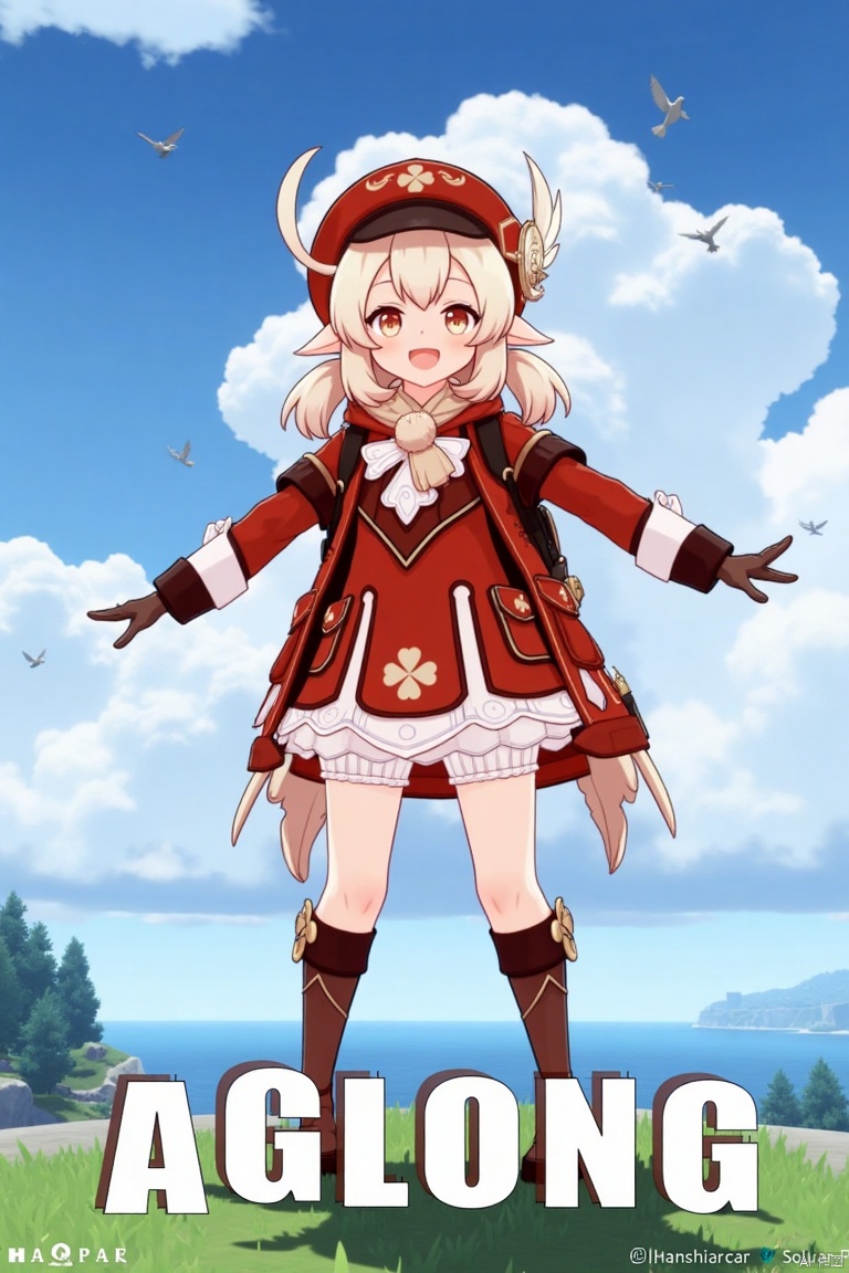 Klee from Genshin Impact, 1girl, solo, long blonde hair with low twintails, bangs, ahoge, and hair between eyes, red headwear with a hat ornament and feather, smiling with an open mouth, looking at the viewer, wearing a red dress, red coat, brown gloves, scarf, kneehighs, bloomers, and knee boots, standing outdoors with outstretched arms, holding Dodoco, pointy ears, clover print details, backpack with randoseru, cloudy sky with birds and clouds, cinematic lighting, full-body shot, vibrant colors, three-dimensional text 'AGlong' centered below, movie poster theme, fantasy adventure atmosphere.