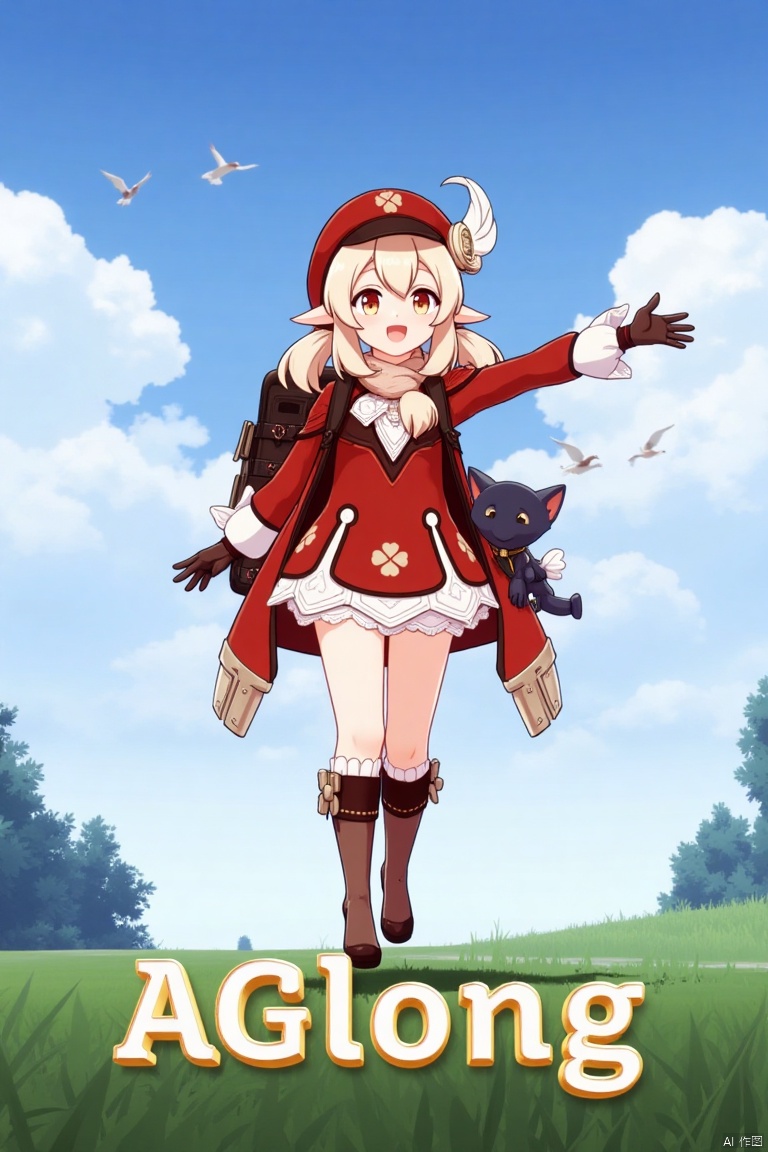 Klee from Genshin Impact, 1girl, solo, long blonde hair with low twintails, bangs, ahoge, and hair between eyes, red headwear with a hat ornament and feather, smiling with an open mouth, looking at the viewer, wearing a red dress, red coat, brown gloves, scarf, kneehighs, bloomers, and knee boots, standing outdoors with outstretched arms, holding Dodoco, pointy ears, clover print details, backpack with randoseru, cloudy sky with birds and clouds, cinematic lighting, full-body shot, vibrant colors, three-dimensional text 'AGlong' centered below, movie poster theme, fantasy adventure atmosphere.