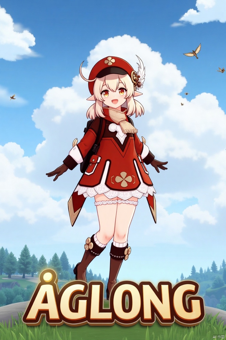 Klee from Genshin Impact, 1girl, solo, long blonde hair with low twintails, bangs, ahoge, and hair between eyes, red headwear with a hat ornament and feather, smiling with an open mouth, looking at the viewer, wearing a red dress, red coat, brown gloves, scarf, kneehighs, bloomers, and knee boots, standing outdoors with outstretched arms, holding Dodoco, pointy ears, clover print details, backpack with randoseru, cloudy sky with birds and clouds, cinematic lighting, full-body shot, vibrant colors, three-dimensional text 'AGlong' centered below, movie poster theme, fantasy adventure atmosphere.