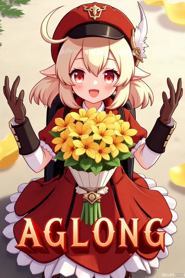 A cinematic movie poster featuring Klee from Genshin Impact, 1 girl solo, long blonde hair with bangs and hair between her eyes, twintails, and an ahoge. She has red eyes, pointy ears, and is wearing a red dress, brown long-sleeve gloves, and a cabbie hat with a feather. Klee is smiling with an open mouth, looking at the viewer, holding a bouquet of yellow flowers and petals scattered around. She has a backpack and a red headwear with feathers. The background is vibrant with a three-dimensional text AGlong in the middle below, fitting the poster theme. The framing is dynamic, with soft lighting enhancing the composition.