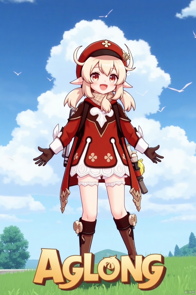 Klee from Genshin Impact, 1girl, solo, long blonde hair with low twintails, bangs, ahoge, and hair between eyes, red headwear with a hat ornament and feather, smiling with an open mouth, looking at the viewer, wearing a red dress, red coat, brown gloves, scarf, kneehighs, bloomers, and knee boots, standing outdoors with outstretched arms, holding Dodoco, pointy ears, clover print details, backpack with randoseru, cloudy sky with birds and clouds, cinematic lighting, full-body shot, vibrant colors, three-dimensional text 'AGlong' centered below, movie poster theme, fantasy adventure atmosphere.