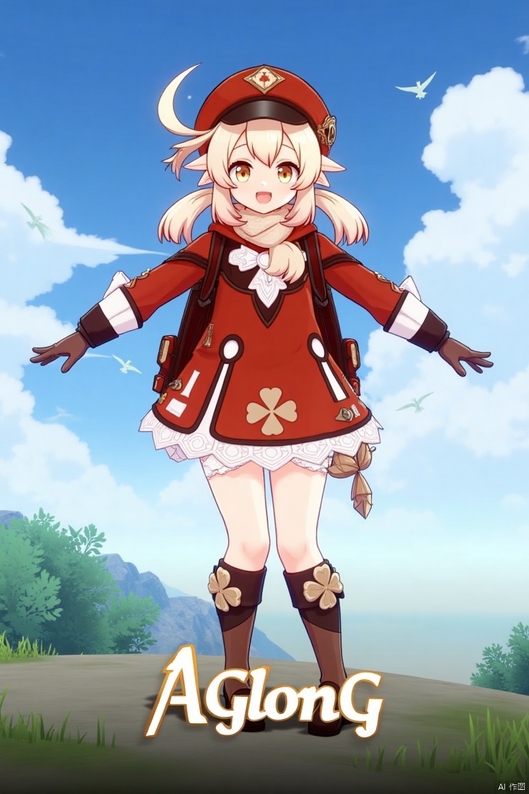 Klee from Genshin Impact, 1girl, solo, long blonde hair with low twintails, bangs, ahoge, and hair between eyes, red headwear with a hat ornament and feather, smiling with an open mouth, looking at the viewer, wearing a red dress, red coat, brown gloves, scarf, kneehighs, bloomers, and knee boots, standing outdoors with outstretched arms, holding Dodoco, pointy ears, clover print details, backpack with randoseru, cloudy sky with birds and clouds, cinematic lighting, full-body shot, vibrant colors, three-dimensional text 'AGlong' centered below, movie poster theme, fantasy adventure atmosphere.