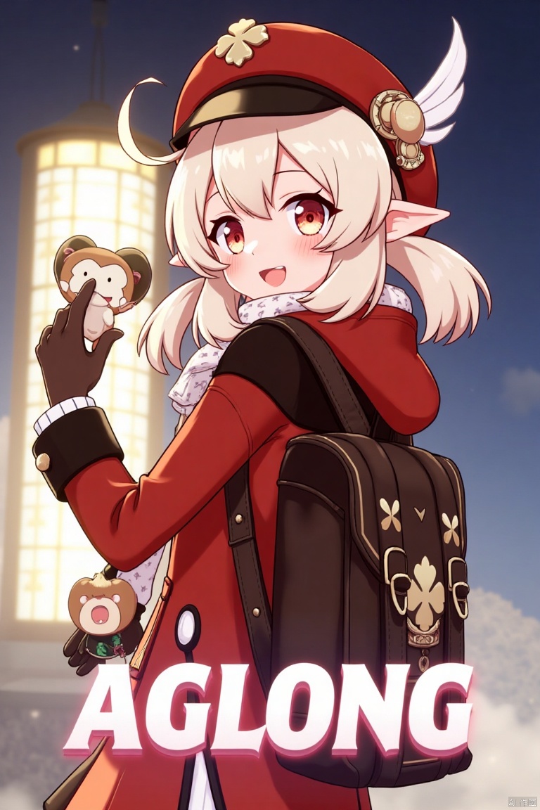 Klee from Genshin Impact, 1girl, solo, long light brown hair with low twintails, bangs, ahoge, and sidelocks, red headwear with a hat ornament and feather, red eyes, smiling with an open mouth, looking back at the viewer, wearing a red coat, brown gloves, scarf, and a backpack with a bag charm, holding Jumpy Dumpty and Dodoco, pointy ears, clover print details, standing in a dynamic pose, cinematic lighting, three-dimensional text 'AGlong' centered below, movie poster theme, vibrant colors, detailed composition, fantasy adventure atmosphere.