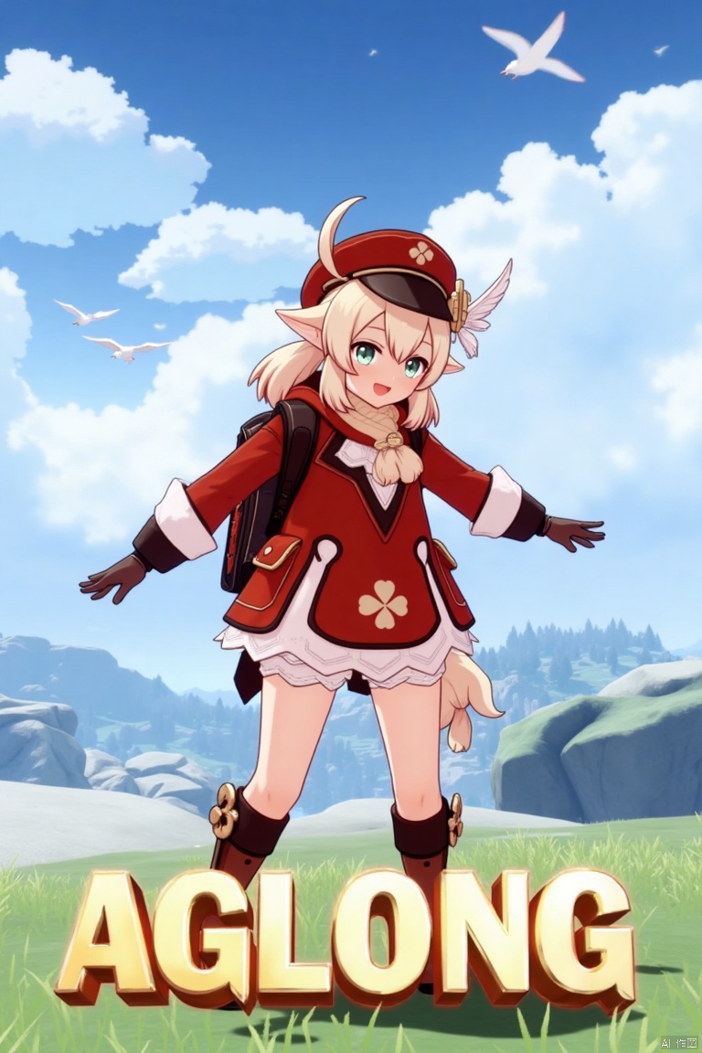 Klee from Genshin Impact, 1girl, solo, long blonde hair with low twintails, bangs, ahoge, and hair between eyes, red headwear with a hat ornament and feather, smiling with an open mouth, looking at the viewer, wearing a red dress, red coat, brown gloves, scarf, kneehighs, bloomers, and knee boots, standing outdoors with outstretched arms, holding Dodoco, pointy ears, clover print details, backpack with randoseru, cloudy sky with birds and clouds, cinematic lighting, full-body shot, vibrant colors, three-dimensional text 'AGlong' centered below, movie poster theme, fantasy adventure atmosphere.