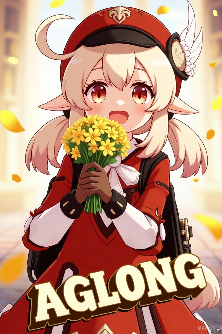A cinematic movie poster featuring Klee from Genshin Impact, 1 girl solo, long blonde hair with bangs and hair between her eyes, twintails, and an ahoge. She has red eyes, pointy ears, and is wearing a red dress, brown long-sleeve gloves, and a cabbie hat with a feather. Klee is smiling with an open mouth, looking at the viewer, holding a bouquet of yellow flowers and petals scattered around. She has a backpack and a red headwear with feathers. The background is vibrant with a three-dimensional text AGlong in the middle below, fitting the poster theme. The framing is dynamic, with soft lighting enhancing the composition.