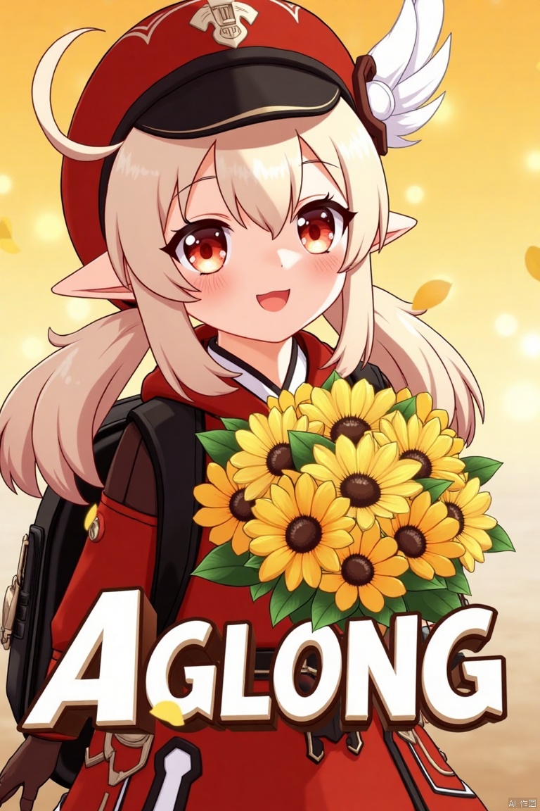 A cinematic movie poster featuring Klee from Genshin Impact, 1 girl solo, long blonde hair with bangs and hair between her eyes, twintails, and an ahoge. She has red eyes, pointy ears, and is wearing a red dress, brown long-sleeve gloves, and a cabbie hat with a feather. Klee is smiling with an open mouth, looking at the viewer, holding a bouquet of yellow flowers and petals scattered around. She has a backpack and a red headwear with feathers. The background is vibrant with a three-dimensional text AGlong in the middle below, fitting the poster theme. The framing is dynamic, with soft lighting enhancing the composition.