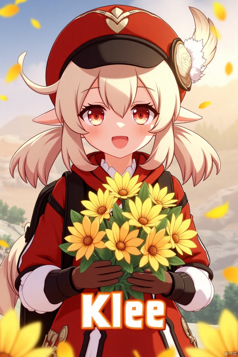 A cinematic movie poster featuring Klee from Genshin Impact, 1 girl solo, long blonde hair with bangs and hair between her eyes, twintails, and an ahoge. She has red eyes, pointy ears, and is wearing a red dress, brown long-sleeve gloves, and a cabbie hat with a feather. Klee is smiling with an open mouth, looking at the viewer, holding a bouquet of yellow flowers and petals scattered around. She has a backpack and a red headwear with feathers. The background is vibrant with a three-dimensional text AGlong in the middle below, fitting the poster theme. The framing is dynamic, with soft lighting enhancing the composition.