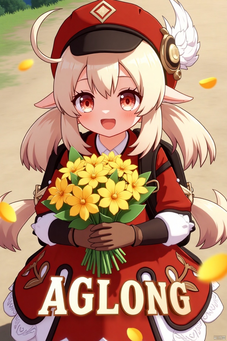 A cinematic movie poster featuring Klee from Genshin Impact, 1 girl solo, long blonde hair with bangs and hair between her eyes, twintails, and an ahoge. She has red eyes, pointy ears, and is wearing a red dress, brown long-sleeve gloves, and a cabbie hat with a feather. Klee is smiling with an open mouth, looking at the viewer, holding a bouquet of yellow flowers and petals scattered around. She has a backpack and a red headwear with feathers. The background is vibrant with a three-dimensional text AGlong in the middle below, fitting the poster theme. The framing is dynamic, with soft lighting enhancing the composition.