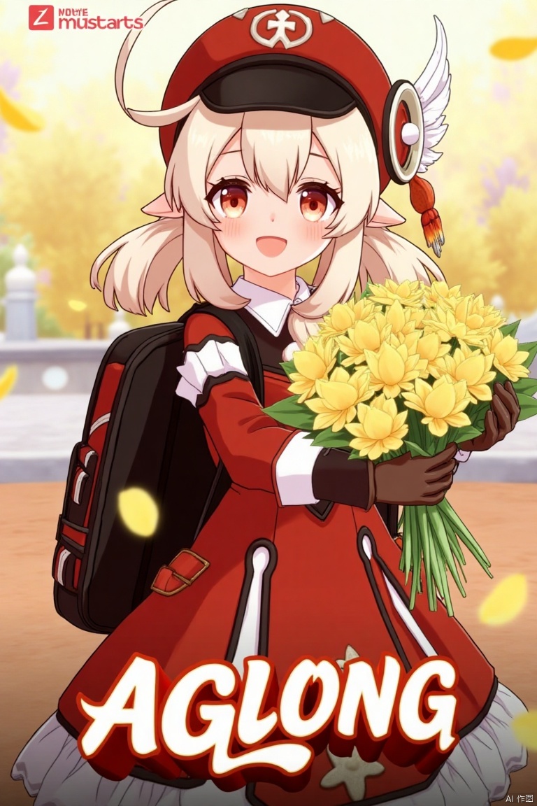 A cinematic movie poster featuring Klee from Genshin Impact, 1 girl solo, long blonde hair with bangs and hair between her eyes, twintails, and an ahoge. She has red eyes, pointy ears, and is wearing a red dress, brown long-sleeve gloves, and a cabbie hat with a feather. Klee is smiling with an open mouth, looking at the viewer, holding a bouquet of yellow flowers and petals scattered around. She has a backpack and a red headwear with feathers. The background is vibrant with a three-dimensional text AGlong in the middle below, fitting the poster theme. The framing is dynamic, with soft lighting enhancing the composition.