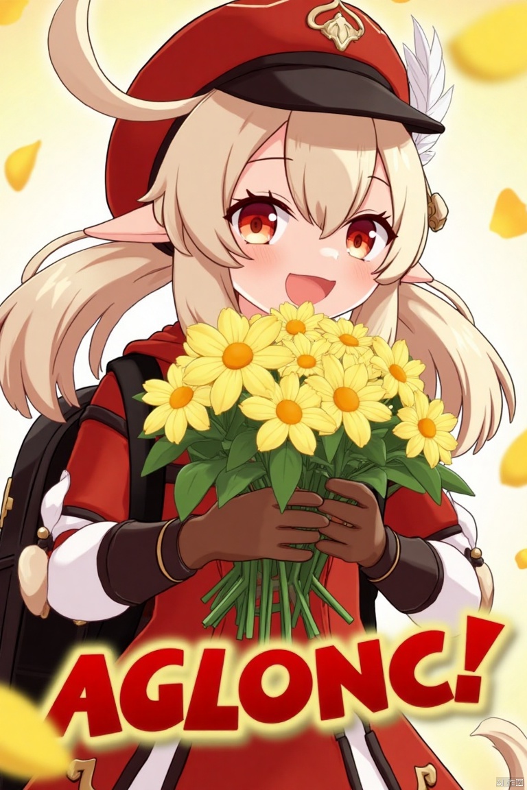 A cinematic movie poster featuring Klee from Genshin Impact, 1 girl solo, long blonde hair with bangs and hair between her eyes, twintails, and an ahoge. She has red eyes, pointy ears, and is wearing a red dress, brown long-sleeve gloves, and a cabbie hat with a feather. Klee is smiling with an open mouth, looking at the viewer, holding a bouquet of yellow flowers and petals scattered around. She has a backpack and a red headwear with feathers. The background is vibrant with a three-dimensional text AGlong in the middle below, fitting the poster theme. The framing is dynamic, with soft lighting enhancing the composition.