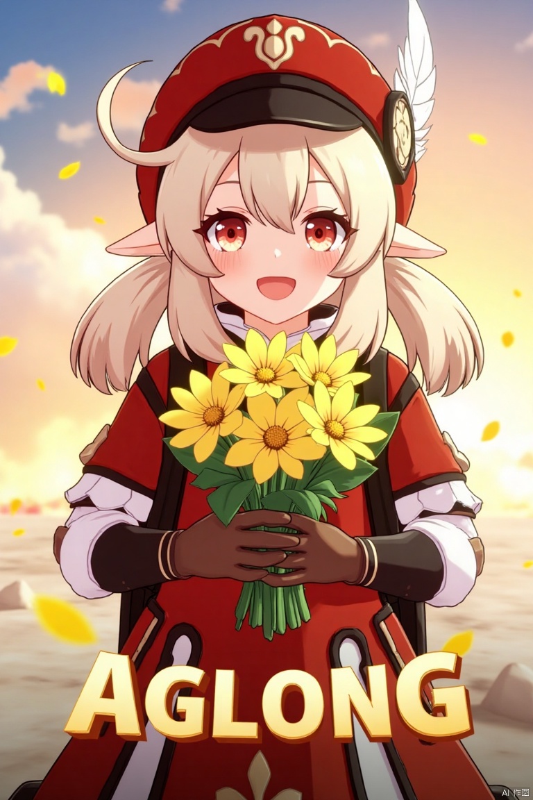 A cinematic movie poster featuring Klee from Genshin Impact, 1 girl solo, long blonde hair with bangs and hair between her eyes, twintails, and an ahoge. She has red eyes, pointy ears, and is wearing a red dress, brown long-sleeve gloves, and a cabbie hat with a feather. Klee is smiling with an open mouth, looking at the viewer, holding a bouquet of yellow flowers and petals scattered around. She has a backpack and a red headwear with feathers. The background is vibrant with a three-dimensional text AGlong in the middle below, fitting the poster theme. The framing is dynamic, with soft lighting enhancing the composition.