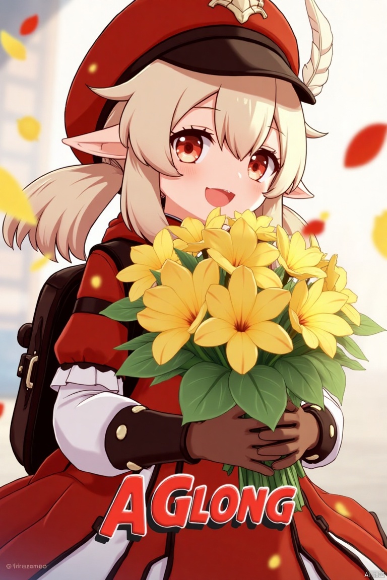 A cinematic movie poster featuring Klee from Genshin Impact, 1 girl solo, long blonde hair with bangs and hair between her eyes, twintails, and an ahoge. She has red eyes, pointy ears, and is wearing a red dress, brown long-sleeve gloves, and a cabbie hat with a feather. Klee is smiling with an open mouth, looking at the viewer, holding a bouquet of yellow flowers and petals scattered around. She has a backpack and a red headwear with feathers. The background is vibrant with a three-dimensional text AGlong in the middle below, fitting the poster theme. The framing is dynamic, with soft lighting enhancing the composition.