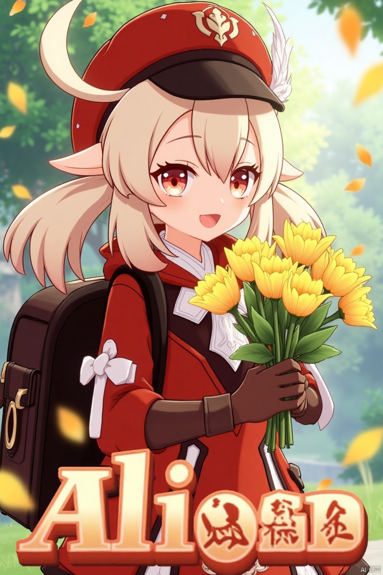 A cinematic movie poster featuring Klee from Genshin Impact, 1 girl solo, long blonde hair with bangs and hair between her eyes, twintails, and an ahoge. She has red eyes, pointy ears, and is wearing a red dress, brown long-sleeve gloves, and a cabbie hat with a feather. Klee is smiling with an open mouth, looking at the viewer, holding a bouquet of yellow flowers and petals scattered around. She has a backpack and a red headwear with feathers. The background is vibrant with a three-dimensional text AGlong in the middle below, fitting the poster theme. The framing is dynamic, with soft lighting enhancing the composition.