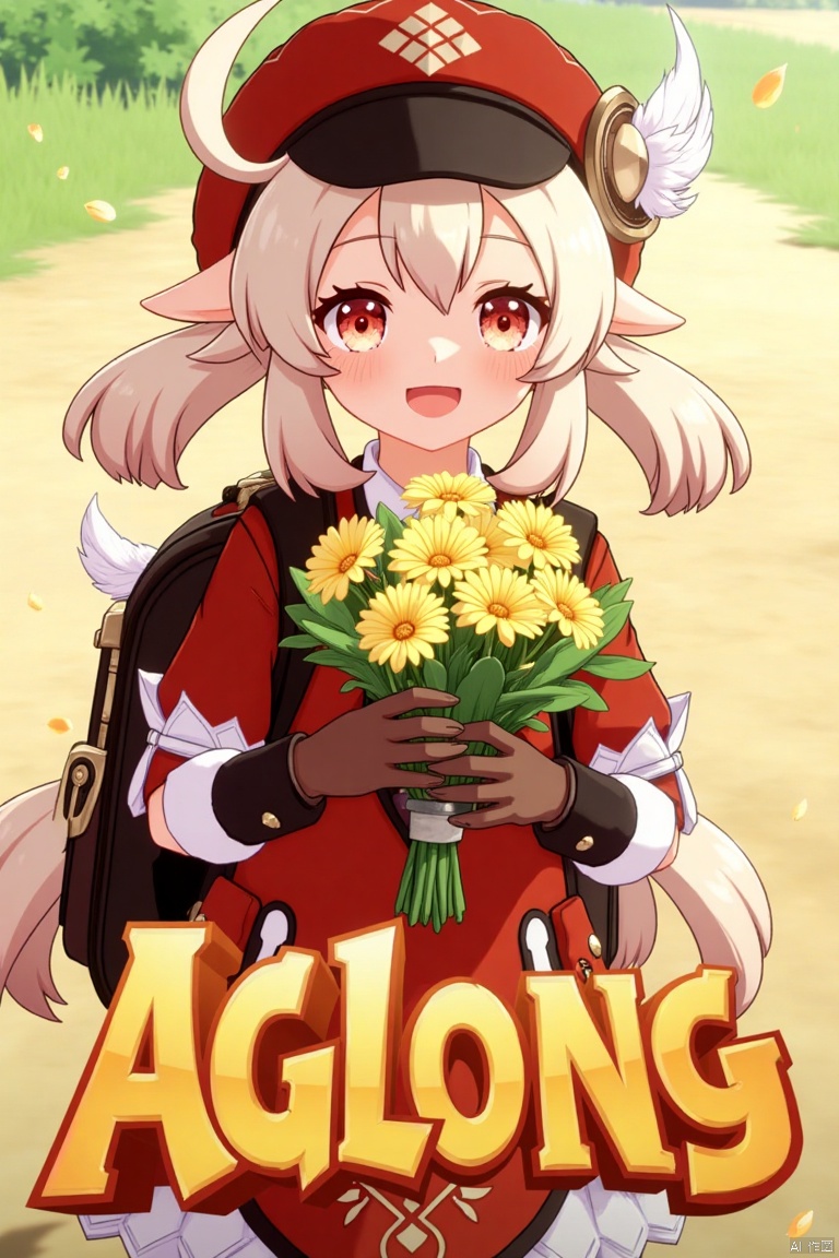 A cinematic movie poster featuring Klee from Genshin Impact, 1 girl solo, long blonde hair with bangs and hair between her eyes, twintails, and an ahoge. She has red eyes, pointy ears, and is wearing a red dress, brown long-sleeve gloves, and a cabbie hat with a feather. Klee is smiling with an open mouth, looking at the viewer, holding a bouquet of yellow flowers and petals scattered around. She has a backpack and a red headwear with feathers. The background is vibrant with a three-dimensional text AGlong in the middle below, fitting the poster theme. The framing is dynamic, with soft lighting enhancing the composition.