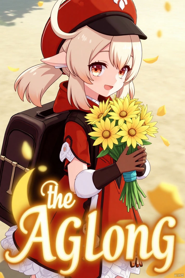 A cinematic movie poster featuring Klee from Genshin Impact, 1 girl solo, long blonde hair with bangs and hair between her eyes, twintails, and an ahoge. She has red eyes, pointy ears, and is wearing a red dress, brown long-sleeve gloves, and a cabbie hat with a feather. Klee is smiling with an open mouth, looking at the viewer, holding a bouquet of yellow flowers and petals scattered around. She has a backpack and a red headwear with feathers. The background is vibrant with a three-dimensional text AGlong in the middle below, fitting the poster theme. The framing is dynamic, with soft lighting enhancing the composition.