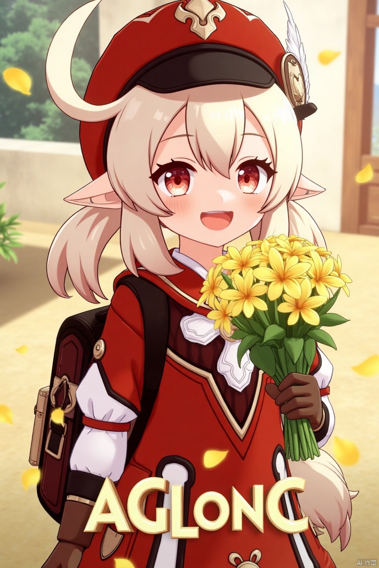 A cinematic movie poster featuring Klee from Genshin Impact, 1 girl solo, long blonde hair with bangs and hair between her eyes, twintails, and an ahoge. She has red eyes, pointy ears, and is wearing a red dress, brown long-sleeve gloves, and a cabbie hat with a feather. Klee is smiling with an open mouth, looking at the viewer, holding a bouquet of yellow flowers and petals scattered around. She has a backpack and a red headwear with feathers. The background is vibrant with a three-dimensional text AGlong in the middle below, fitting the poster theme. The framing is dynamic, with soft lighting enhancing the composition.