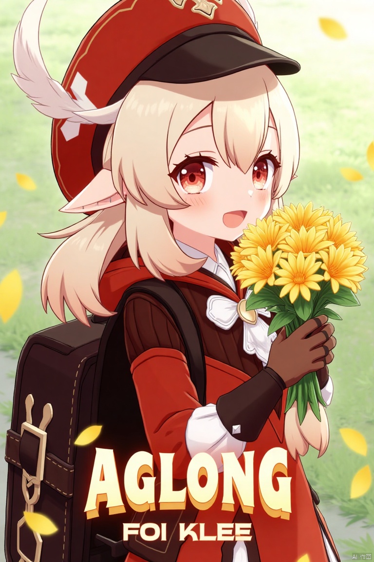 A cinematic movie poster featuring Klee from Genshin Impact, 1 girl solo, long blonde hair with bangs and hair between her eyes, twintails, and an ahoge. She has red eyes, pointy ears, and is wearing a red dress, brown long-sleeve gloves, and a cabbie hat with a feather. Klee is smiling with an open mouth, looking at the viewer, holding a bouquet of yellow flowers and petals scattered around. She has a backpack and a red headwear with feathers. The background is vibrant with a three-dimensional text AGlong in the middle below, fitting the poster theme. The framing is dynamic, with soft lighting enhancing the composition.