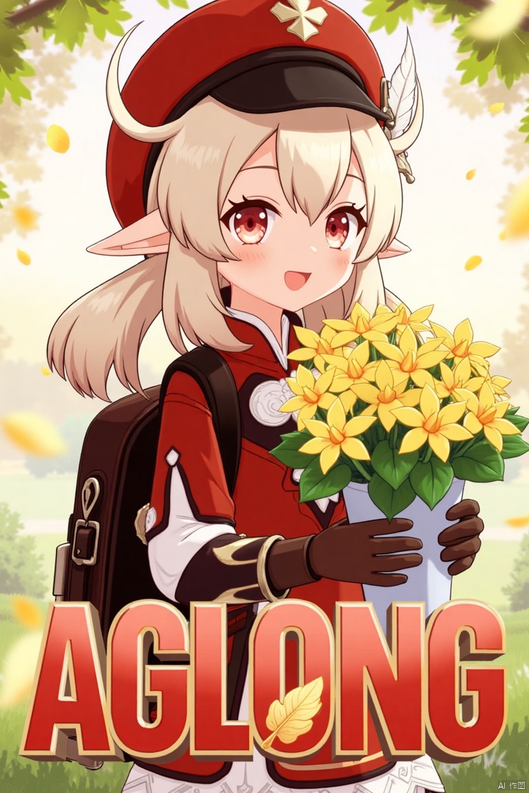 A cinematic movie poster featuring Klee from Genshin Impact, 1 girl solo, long blonde hair with bangs and hair between her eyes, twintails, and an ahoge. She has red eyes, pointy ears, and is wearing a red dress, brown long-sleeve gloves, and a cabbie hat with a feather. Klee is smiling with an open mouth, looking at the viewer, holding a bouquet of yellow flowers and petals scattered around. She has a backpack and a red headwear with feathers. The background is vibrant with a three-dimensional text AGlong in the middle below, fitting the poster theme. The framing is dynamic, with soft lighting enhancing the composition.