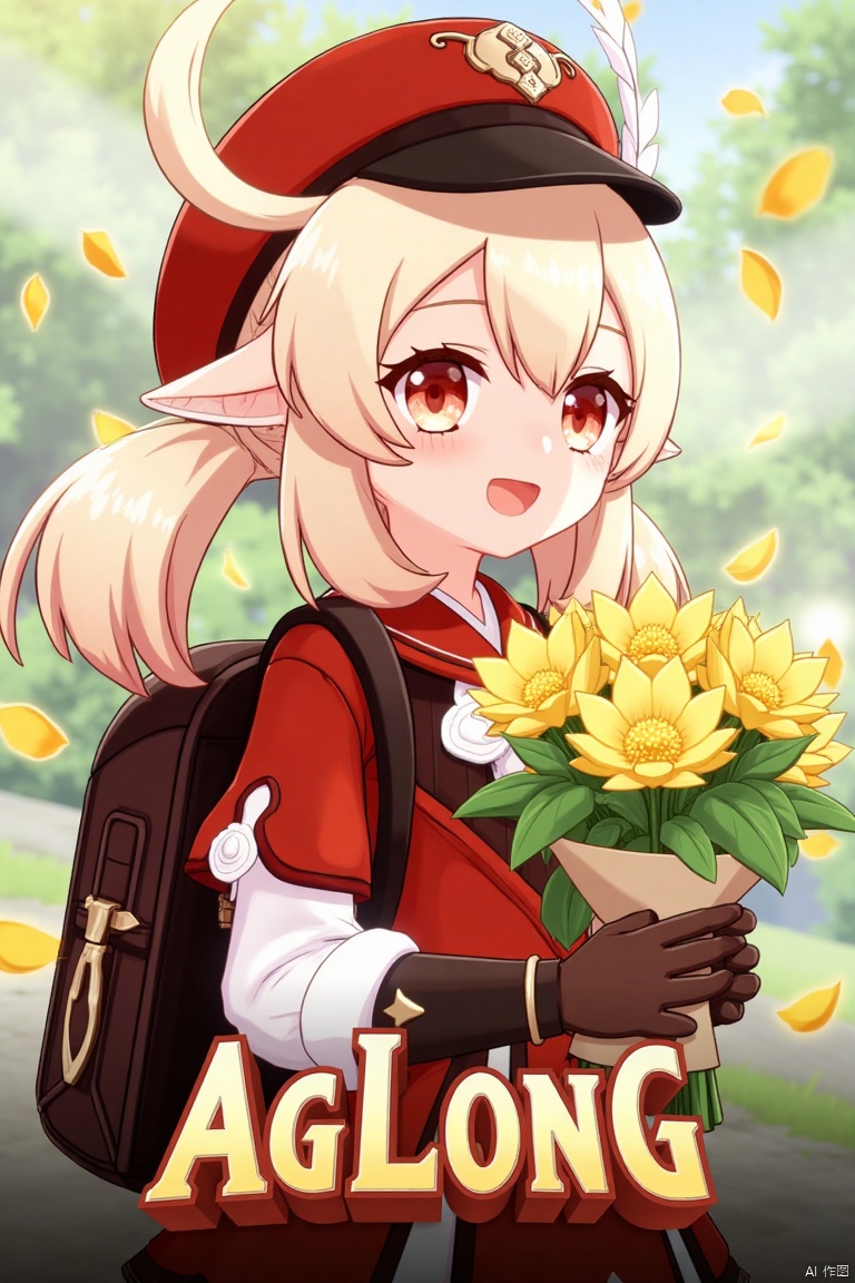 A cinematic movie poster featuring Klee from Genshin Impact, 1 girl solo, long blonde hair with bangs and hair between her eyes, twintails, and an ahoge. She has red eyes, pointy ears, and is wearing a red dress, brown long-sleeve gloves, and a cabbie hat with a feather. Klee is smiling with an open mouth, looking at the viewer, holding a bouquet of yellow flowers and petals scattered around. She has a backpack and a red headwear with feathers. The background is vibrant with a three-dimensional text AGlong in the middle below, fitting the poster theme. The framing is dynamic, with soft lighting enhancing the composition.