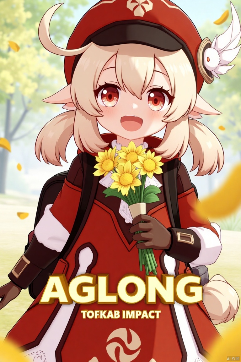 A cinematic movie poster featuring Klee from Genshin Impact, 1 girl solo, long blonde hair with bangs and hair between her eyes, twintails, and an ahoge. She has red eyes, pointy ears, and is wearing a red dress, brown long-sleeve gloves, and a cabbie hat with a feather. Klee is smiling with an open mouth, looking at the viewer, holding a bouquet of yellow flowers and petals scattered around. She has a backpack and a red headwear with feathers. The background is vibrant with a three-dimensional text AGlong in the middle below, fitting the poster theme. The framing is dynamic, with soft lighting enhancing the composition.