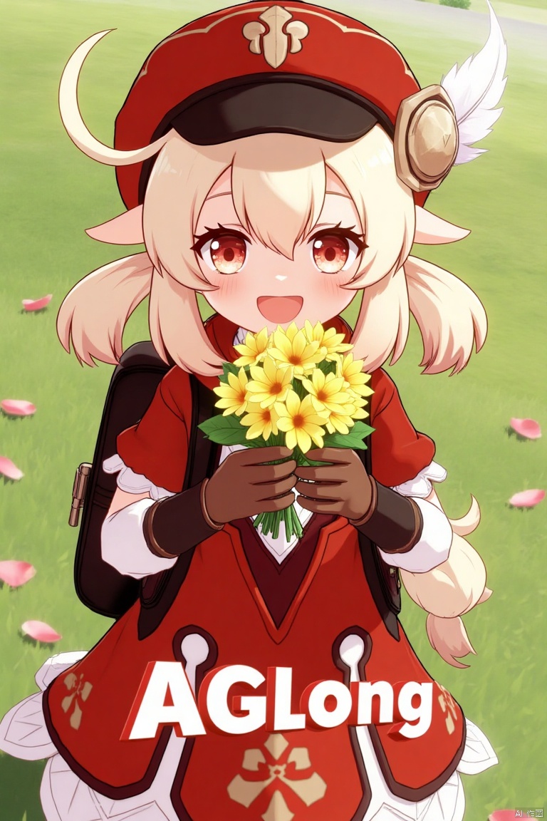 A cinematic movie poster featuring Klee from Genshin Impact, 1 girl solo, long blonde hair with bangs and hair between her eyes, twintails, and an ahoge. She has red eyes, pointy ears, and is wearing a red dress, brown long-sleeve gloves, and a cabbie hat with a feather. Klee is smiling with an open mouth, looking at the viewer, holding a bouquet of yellow flowers and petals scattered around. She has a backpack and a red headwear with feathers. The background is vibrant with a three-dimensional text AGlong in the middle below, fitting the poster theme. The framing is dynamic, with soft lighting enhancing the composition.