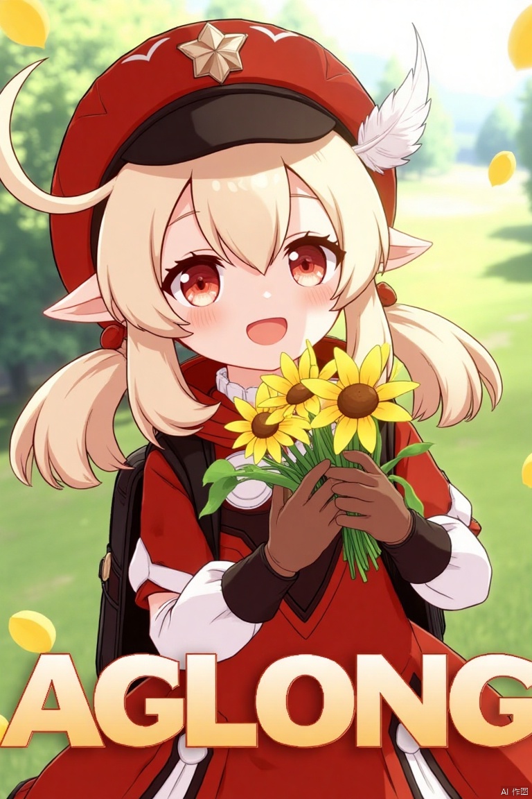 A cinematic movie poster featuring Klee from Genshin Impact, 1 girl solo, long blonde hair with bangs and hair between her eyes, twintails, and an ahoge. She has red eyes, pointy ears, and is wearing a red dress, brown long-sleeve gloves, and a cabbie hat with a feather. Klee is smiling with an open mouth, looking at the viewer, holding a bouquet of yellow flowers and petals scattered around. She has a backpack and a red headwear with feathers. The background is vibrant with a three-dimensional text AGlong in the middle below, fitting the poster theme. The framing is dynamic, with soft lighting enhancing the composition.