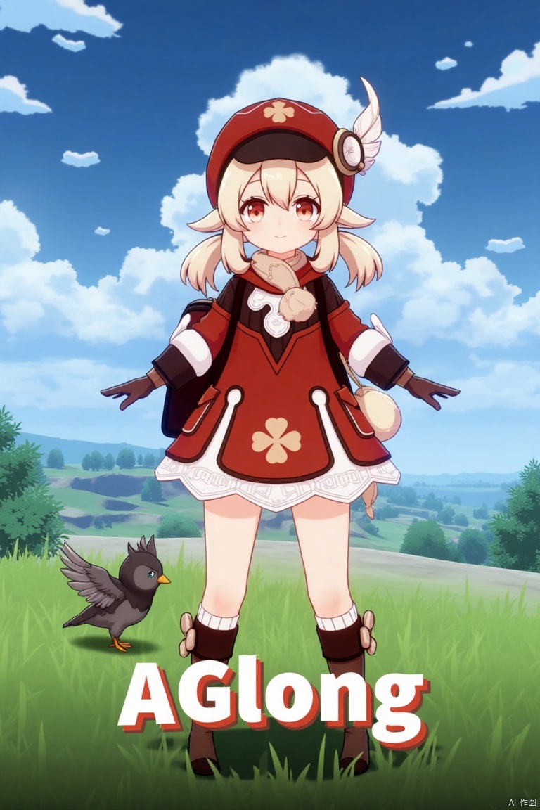 A dynamic movie poster featuring Klee from Genshin Impact, 1 girl solo, standing full body outdoors under a cloudy sky. She has long blonde hair with bangs, hair between her eyes, twintails, and an ahoge, wearing a red dress with a clover print, brown gloves, and a cabbie hat with a feather ornament. Klee is smiling with an open mouth, looking at the viewer, holding outstretched arms, and wearing knee-high boots, kneehighs, and a red headwear. She has a backpack, scarf, and bag, with a bird nearby. The background includes clouds and a dynamic sky. The poster features three-dimensional text AGlong in the middle below, fitting the theme. The framing is cinematic, with soft lighting and a balanced composition.