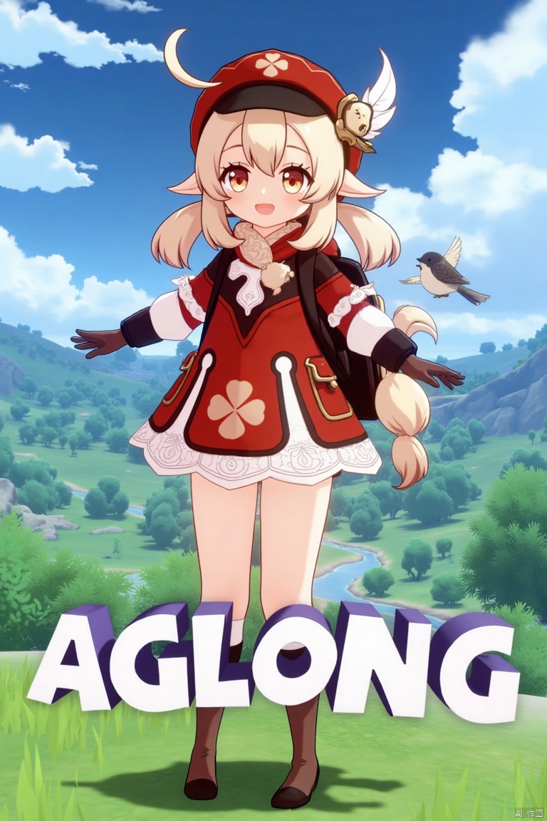 A vibrant movie poster featuring Klee from Genshin Impact, 1 girl solo, standing full body outdoors under a cloudy sky. She has long blonde hair with bangs, hair between her eyes, twintails, and an ahoge, wearing a red dress with a clover print, brown gloves, and a cabbie hat with a feather ornament. Klee is smiling with an open mouth, looking at the viewer, holding outstretched arms, and wearing knee-high boots, kneehighs, and a red headwear. She has a backpack, scarf, and bag, with a bird nearby. The background includes clouds and a dynamic sky. The poster features three-dimensional text AGlong in the middle below, fitting the theme. The framing is cinematic, with soft lighting and a balanced composition.