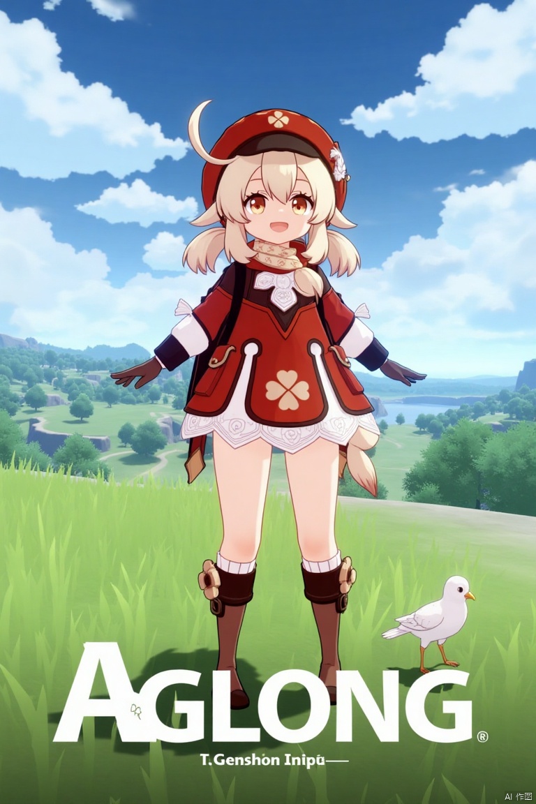 A dynamic movie poster featuring Klee from Genshin Impact, 1 girl solo, standing full body outdoors under a cloudy sky. She has long blonde hair with bangs, hair between her eyes, twintails, and an ahoge, wearing a red dress with a clover print, brown gloves, and a cabbie hat with a feather ornament. Klee is smiling with an open mouth, looking at the viewer, holding outstretched arms, and wearing knee-high boots, kneehighs, and a red headwear. She has a backpack, scarf, and bag, with a bird nearby. The background includes clouds and a dynamic sky. The poster features three-dimensional text AGlong in the middle below, fitting the theme. The framing is cinematic, with soft lighting and a balanced composition.