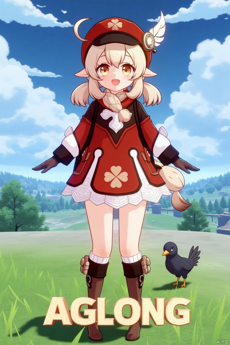 A vibrant movie poster featuring Klee from Genshin Impact, 1 girl solo, standing full body outdoors under a cloudy sky. She has long blonde hair with bangs, hair between her eyes, twintails, and an ahoge, wearing a red dress with a clover print, brown gloves, and a cabbie hat with a feather ornament. Klee is smiling with an open mouth, looking at the viewer, holding outstretched arms, and wearing knee-high boots, kneehighs, and a red headwear. She has a backpack, scarf, and bag, with a bird nearby. The background includes clouds and a dynamic sky. The poster features three-dimensional text AGlong in the middle below, fitting the theme. The framing is cinematic, with soft lighting and a balanced composition.