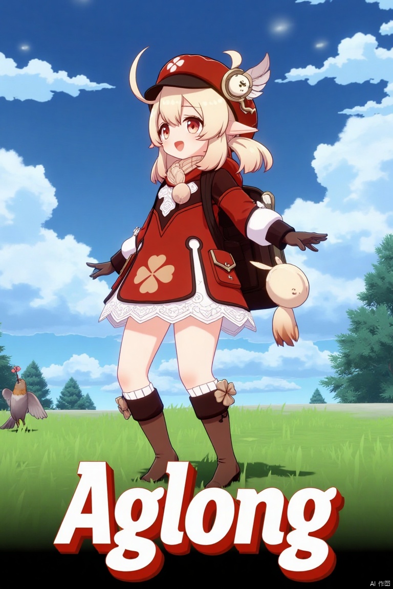 A vibrant movie poster featuring Klee from Genshin Impact, 1 girl solo, standing full body outdoors under a cloudy sky. She has long blonde hair with bangs, hair between her eyes, twintails, and an ahoge, wearing a red dress with a clover print, brown gloves, and a cabbie hat with a feather ornament. Klee is smiling with an open mouth, looking at the viewer, holding outstretched arms, and wearing knee-high boots, kneehighs, and a red headwear. She has a backpack, scarf, and bag, with a bird nearby. The background includes clouds and a dynamic sky. The poster features three-dimensional text AGlong in the middle below, fitting the theme. The framing is cinematic, with soft lighting and a balanced composition.